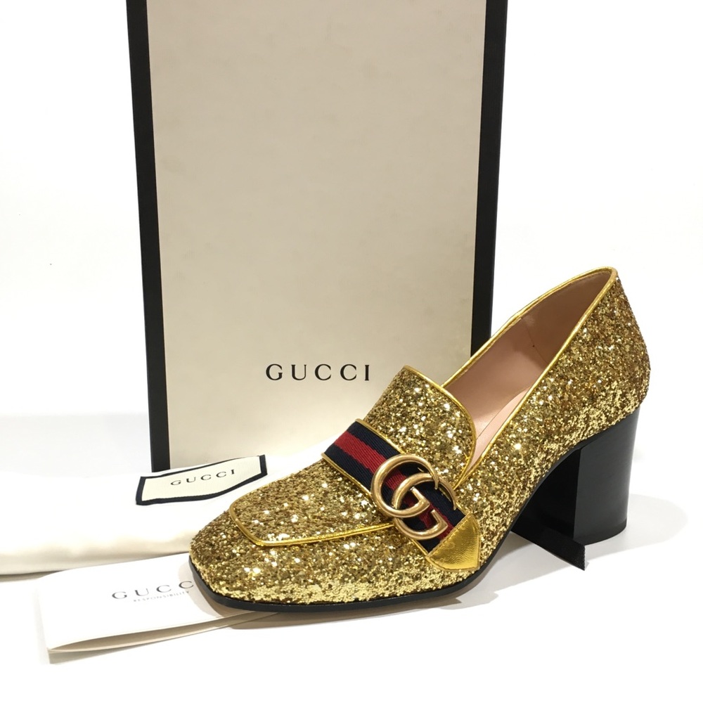 Gucci Glitter Web Peyton Loafer Pumps -Gold -US 8.5 -NEW